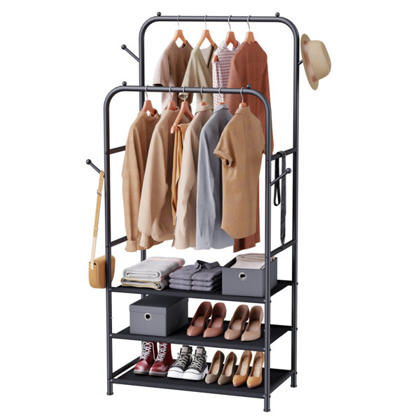 Rebrilliant Double Rods Clothing Garment Rack with 3Tier Shelf,4 Side